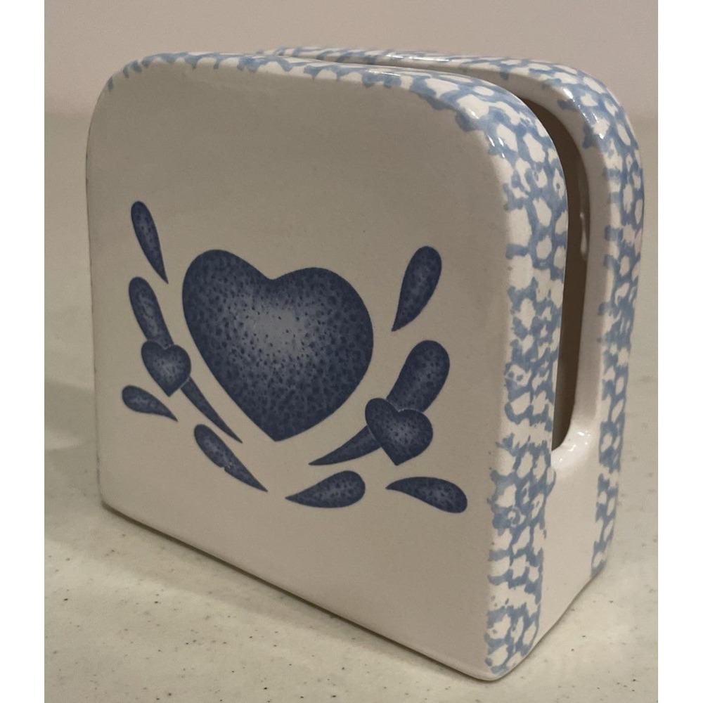 Vintage 80's Blue White Sponge Heart Napkin Letter Holder Stoneware Granny Farm